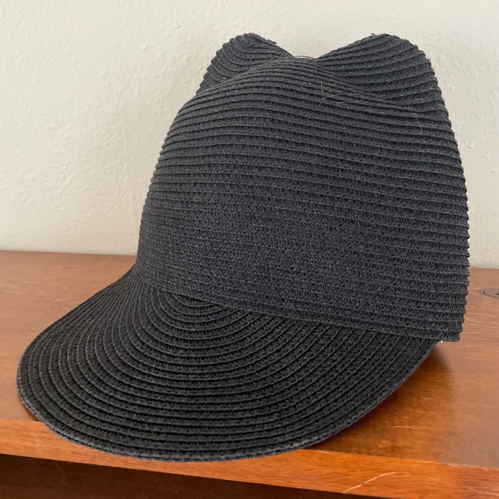 Haute Hippie Cat Ears Raffia Paper Straw Sun Cap/Hat‎ Black UPF50 Handmade *READ